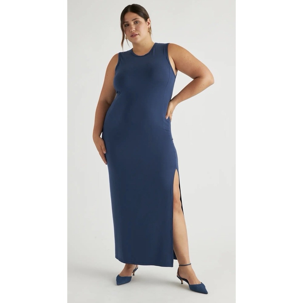 Quince Tank Maxi Dress Women Size XL  Tencel Jersey Minimalist Slit Blue